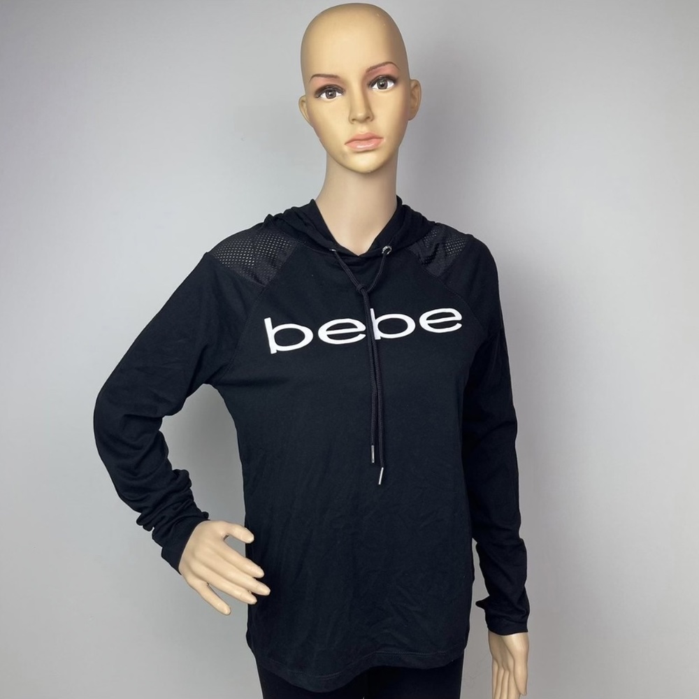 bebe Black Mesh Sleeve Active Hooded Drawstring Sweatshirt w/ Thumb Holes Size S